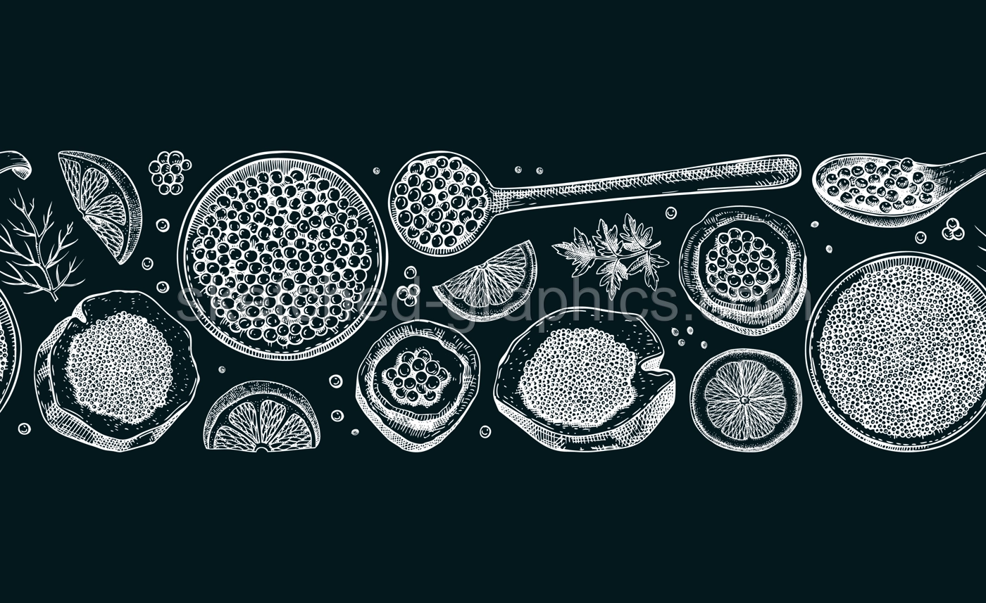 Seafood background  with red caviar canape, canned black caviar, lemons sketches on chalkboard. Sea delicacy banner for restaurant menu or finger food party. Hand drawn tinned fish seamless pattern Illustration